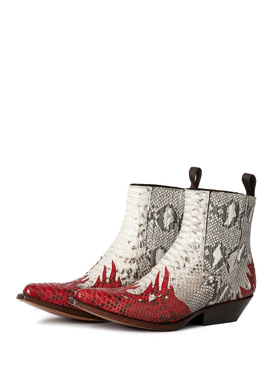 Gray and Red Pointed Toe Python Block Heel Western Ankle Boots