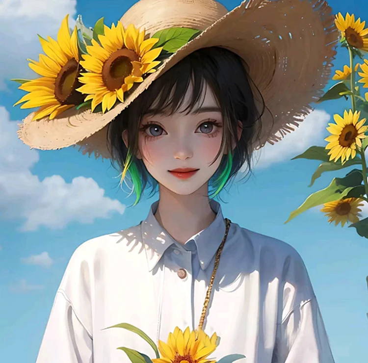 Anime girl with a straw hat in a sunflower field Tote Bag for