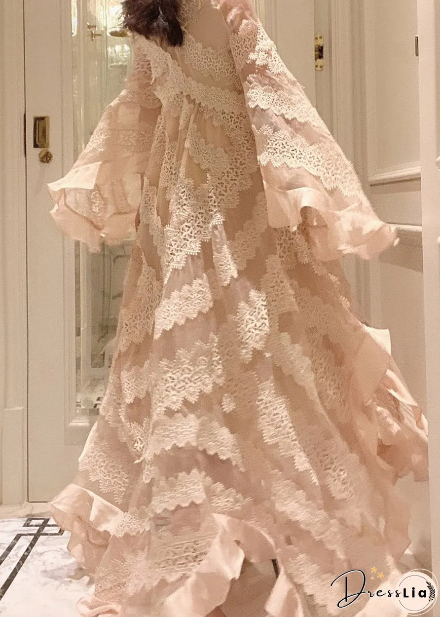 Women Apricot V Neck Patchwork Lace Maxi Dresses Long Sleeve