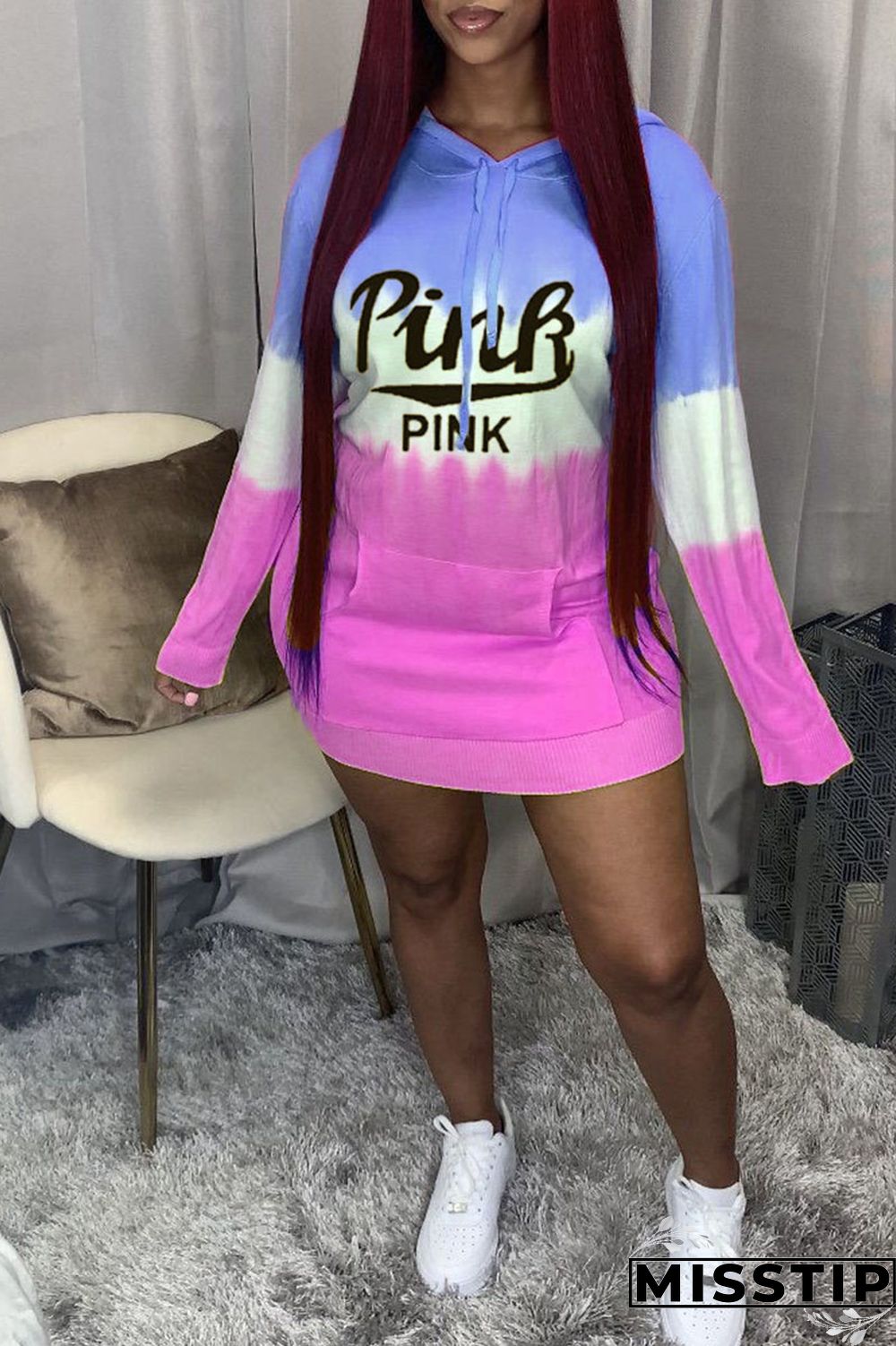 Pink Yellow Casual Print Patchwork Hooded Collar T-shirt Dress Dresses