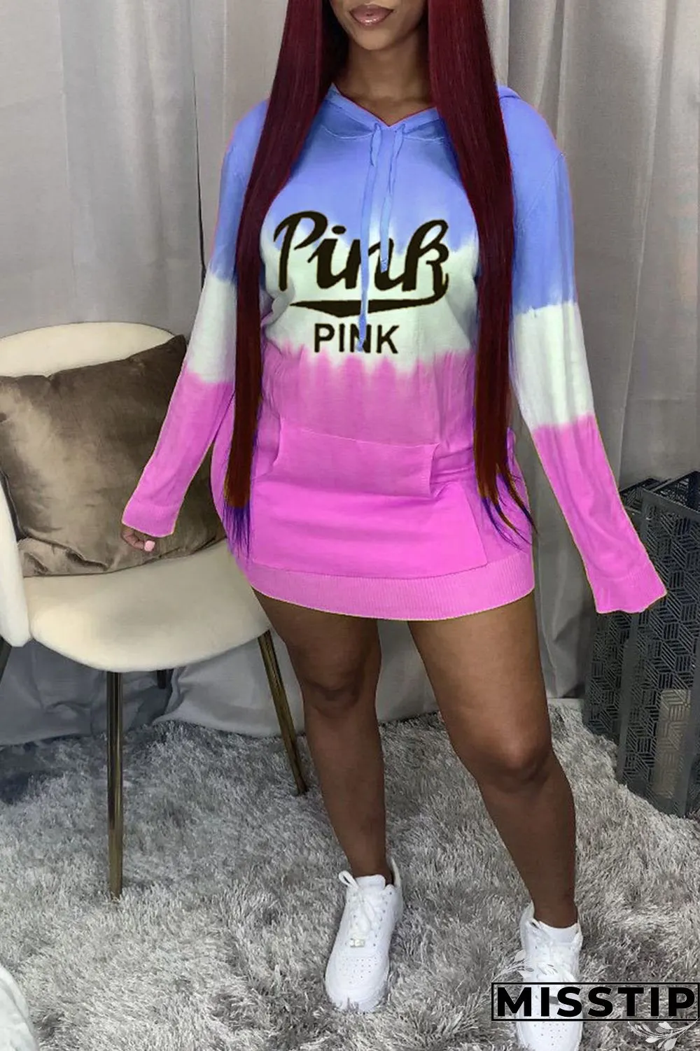 Pink Yellow Casual Print Patchwork Hooded Collar T-shirt Dress Dresses