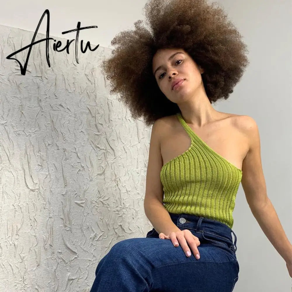 Aiertu Summer Shoulder Off Tank Top Women Camisole Solid Slim Cropped Knitted Cotton Tee Shirt Femme Tanks Camis Tops Woman Aiertu