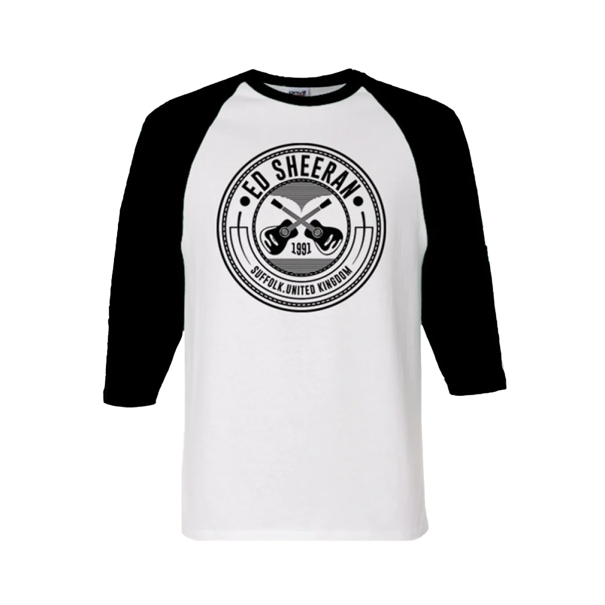 "Ed Sheeran black and white raglan t-shirt with crossed guitar graphic"