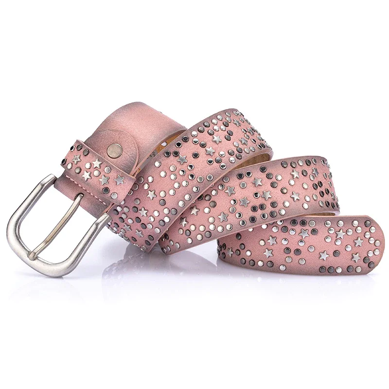 Cowboy Style New Fashion Women's Rivet Belts Punk Rock Style Male Belt For Lady PU Leather Sequins Metal buckle Wide Metal Star Rivet bead