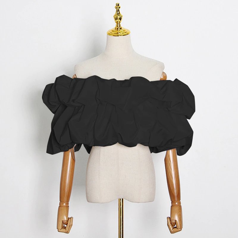 Fongt White Sexy Short Tops For Women Slash Neck Puff Sleeve Ruched Blouse Female New Clothing 2021 Stylish Fashionable
