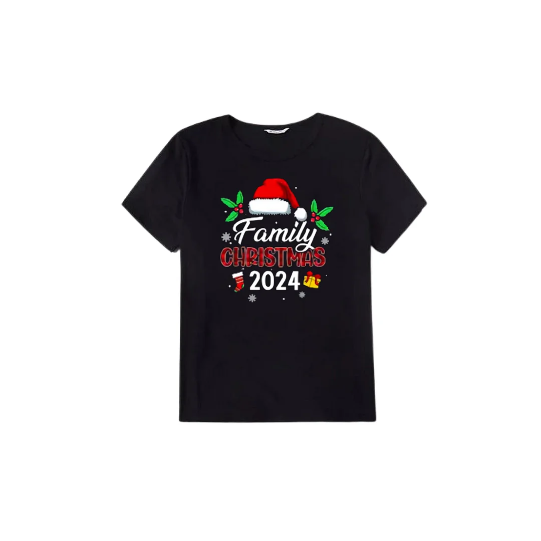 "Family Christmas 2024" with Santa Hat Pattern Ⅰ- Black Short Sleeve with Red & Black Plaid Pant Family Matching Pajamas