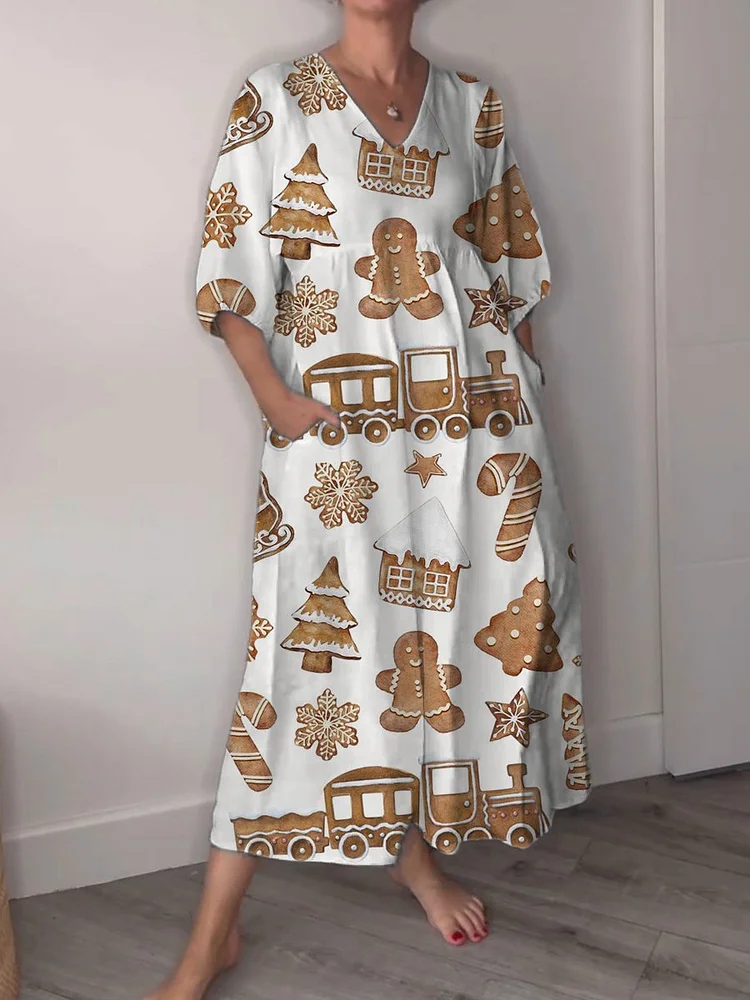 Women's Christmas Cookies and Gingerbread Print Pocket V-neck Cotton Dress