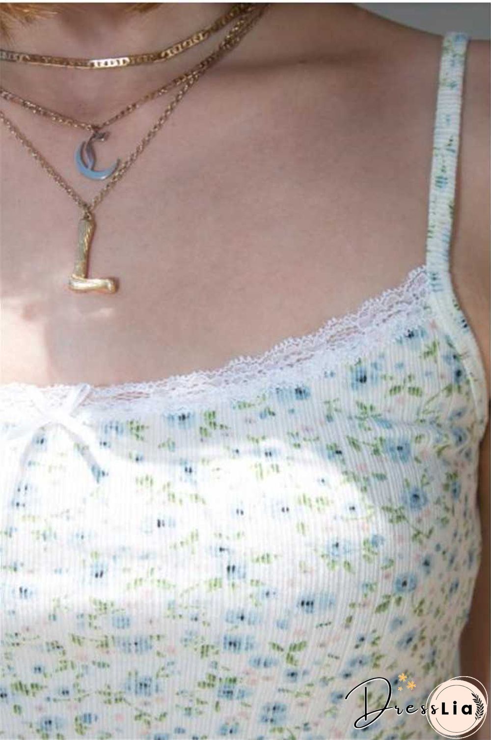 Ribbed Knit Flower Prints Cropped Cami Tops Lace Trim Tank