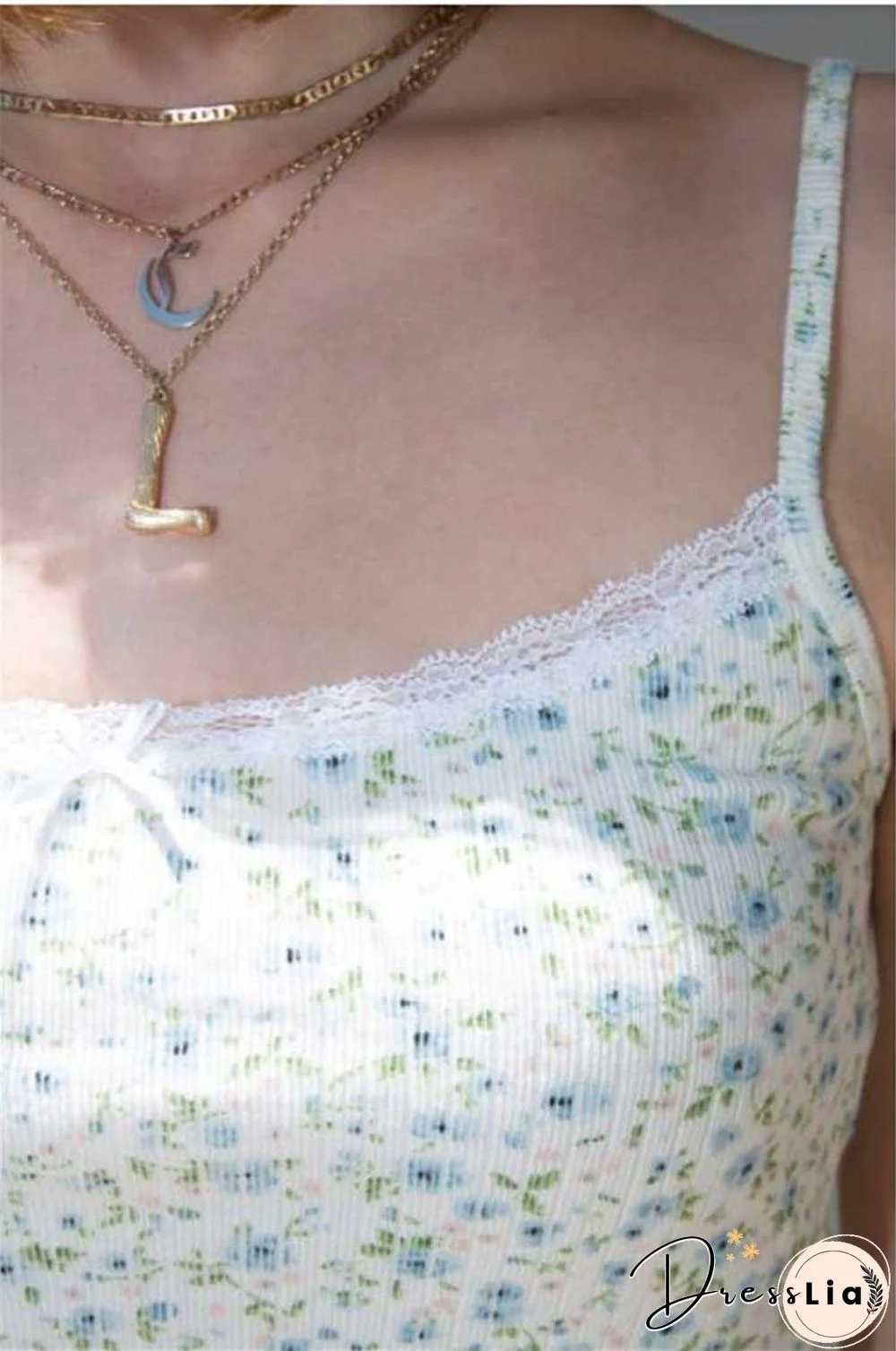 Ribbed Knit Flower Prints Cropped Cami Tops Lace Trim Tank