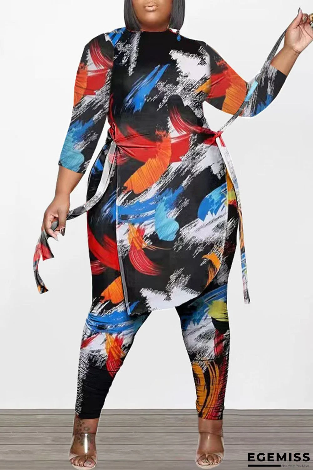 Colour Fashion Casual Print Bandage Patchwork Asymmetrical O Neck Plus Size Two Pieces | EGEMISS