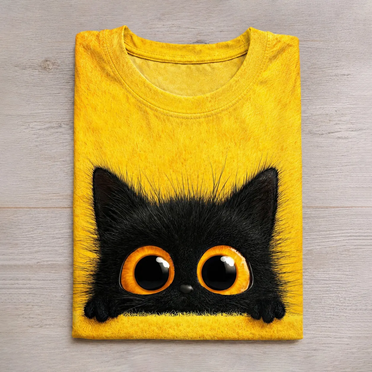 Comstylish Cute Wide-eyed Black Cat Print T-shirt
