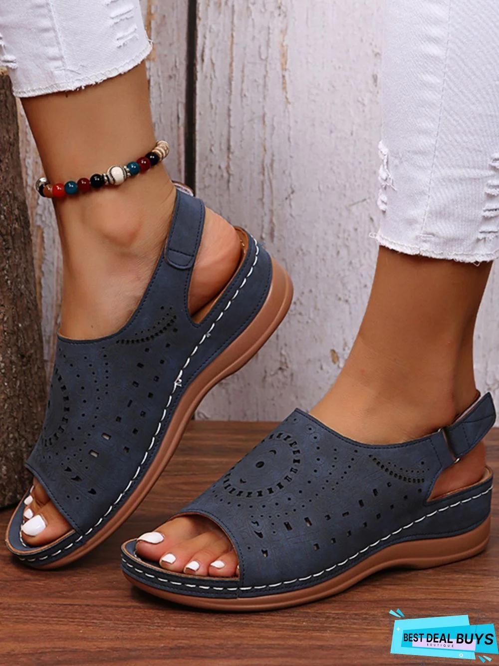 Ethnic Pattern Punched Hollow Velcro Vintage Sandals