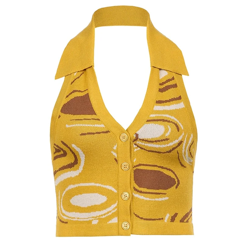 Rapcopter Paisley Green Corset Top Turn Down Collar Knitwear Cute Crop Top Vintage Button Up Camis V Neck Beach Style Tank Tops