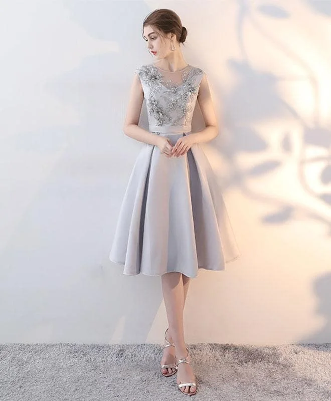 Gray Satin Lace Short Prom Dress, Homecoming Dress