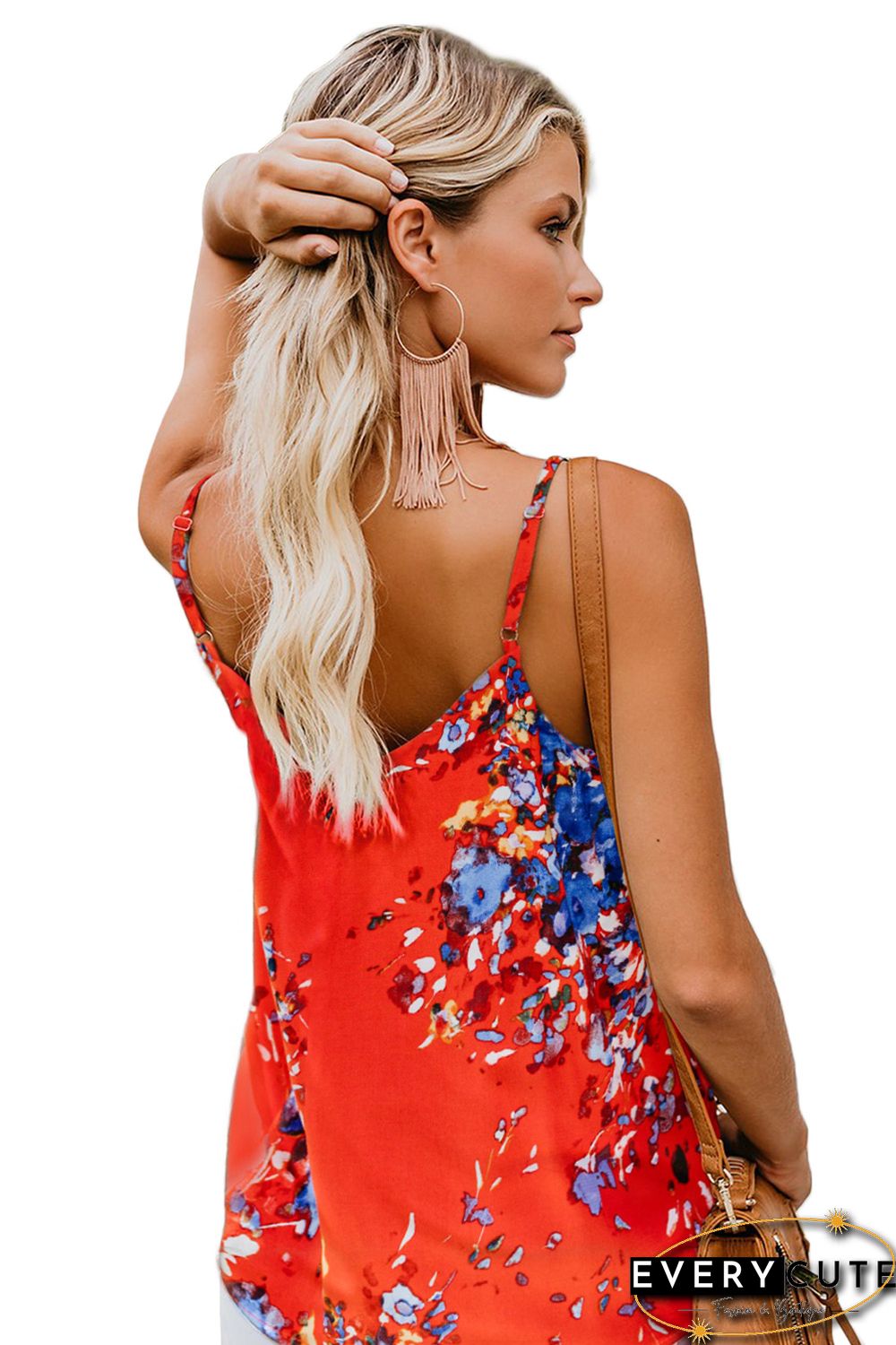 Orange Floral Print Button Down Tank Top