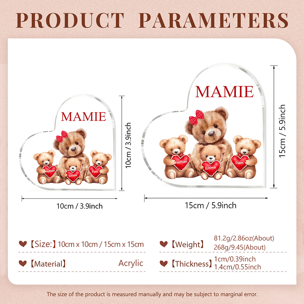 À ma Maman/Mamie - Plaque Acrylique Ours en Forme de Cœur 3 Prénoms Personnalisés avec 1 Texte