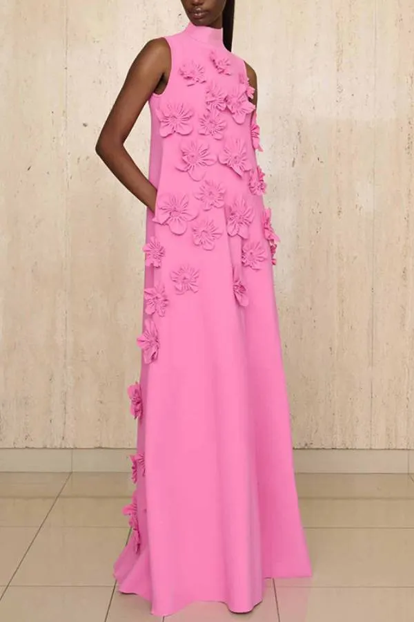 3D Flower High Neck Sleeveless Long Dress