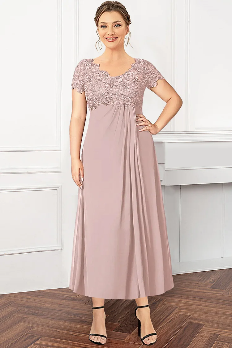 Flycurvy Plus Size Mother Of The Bride Pink Chiffon Lace Stitching Pleated High Waist Maxi Dress  Flycurvy [product_label]