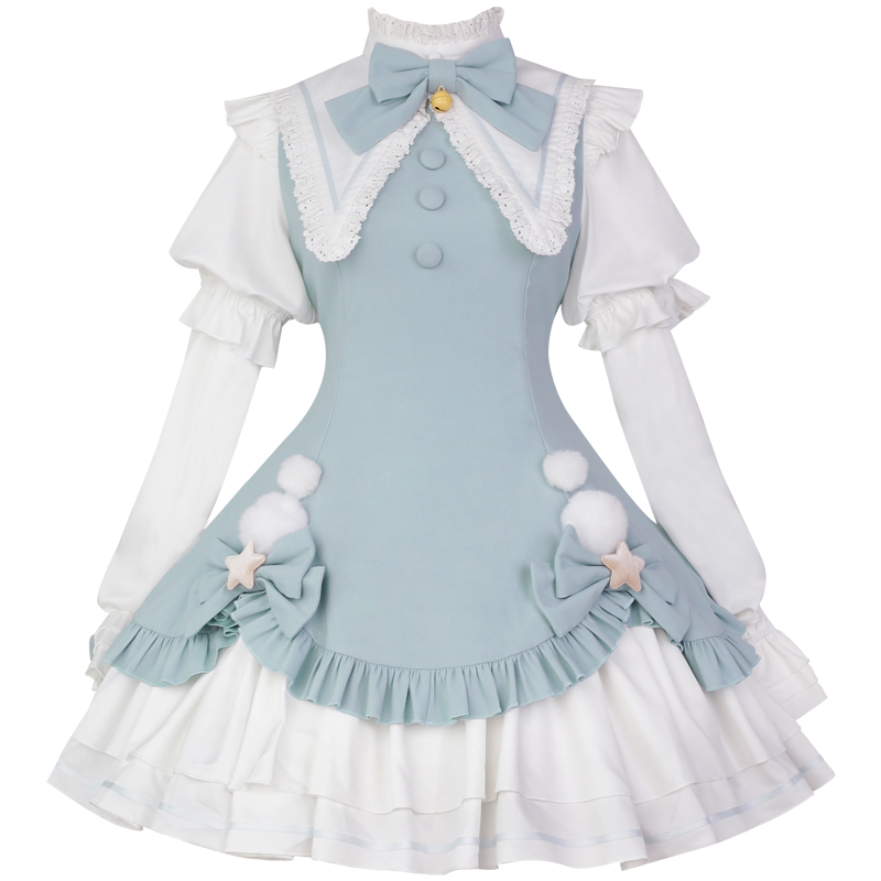 Enchanted Lolita Magic Princess Dress - Cute Pom-Pom Court Gown with Long Sleeves