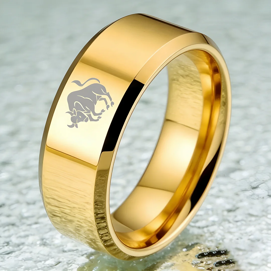 Mens Womens Gold Taurus Tungsten Carbide Rings Gold Edges and Laser Etched Wedding Bands Comfort Fit 4MM 6MM 8MM