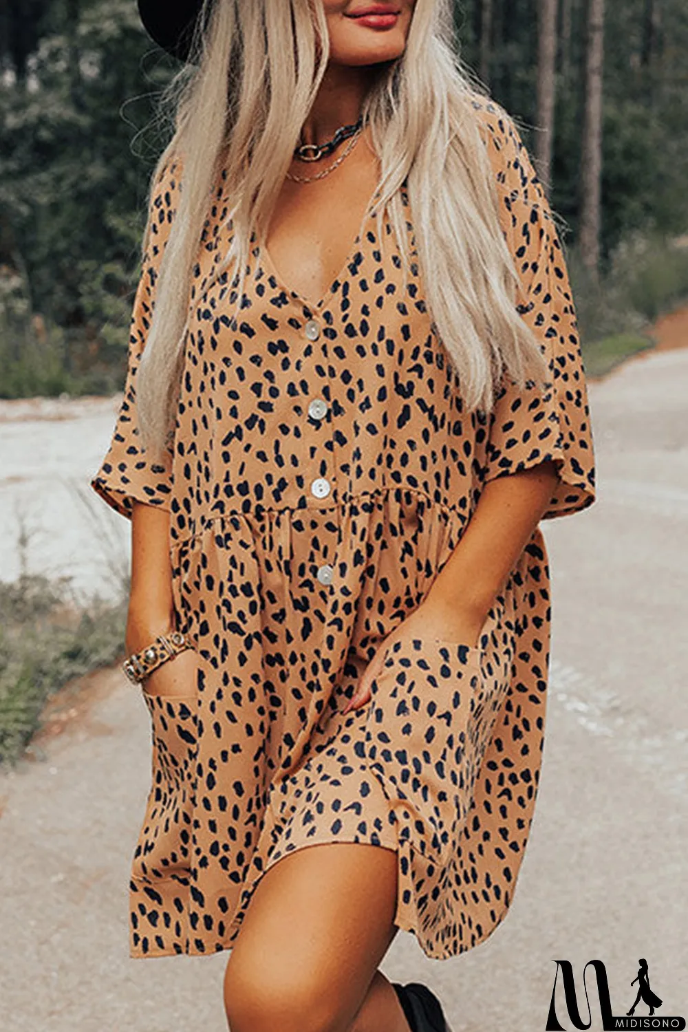 MidiSono - Leopard Button V Neck Tunic Dress