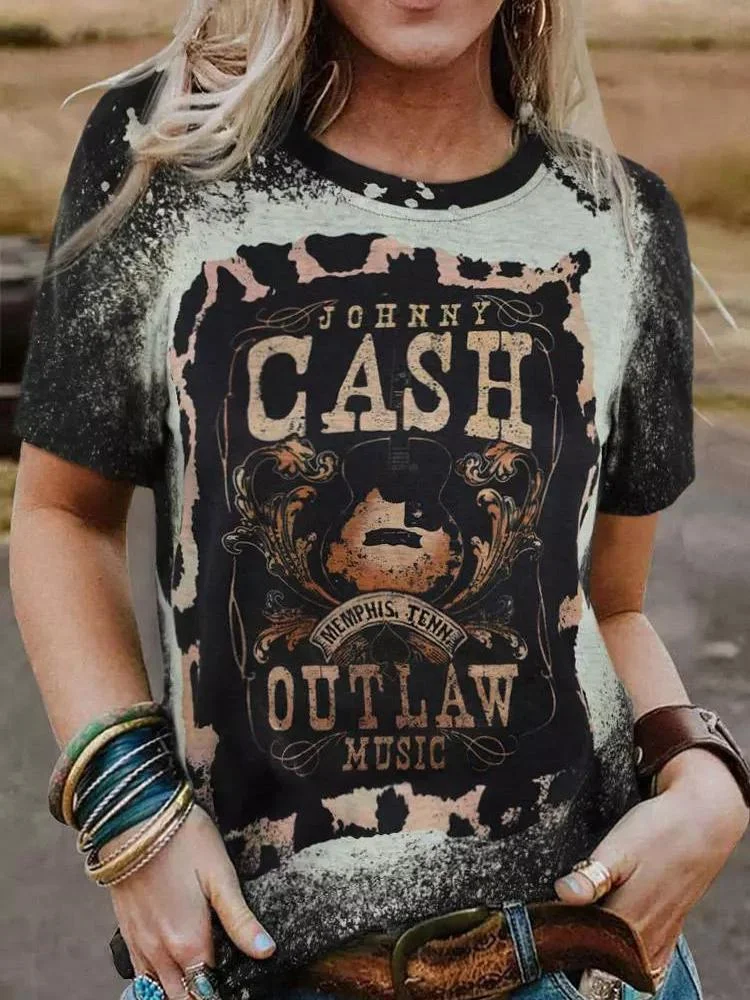 Johnny Cash Memphis Tenn Outlaw Music Bleached O-Neck T-Shirt