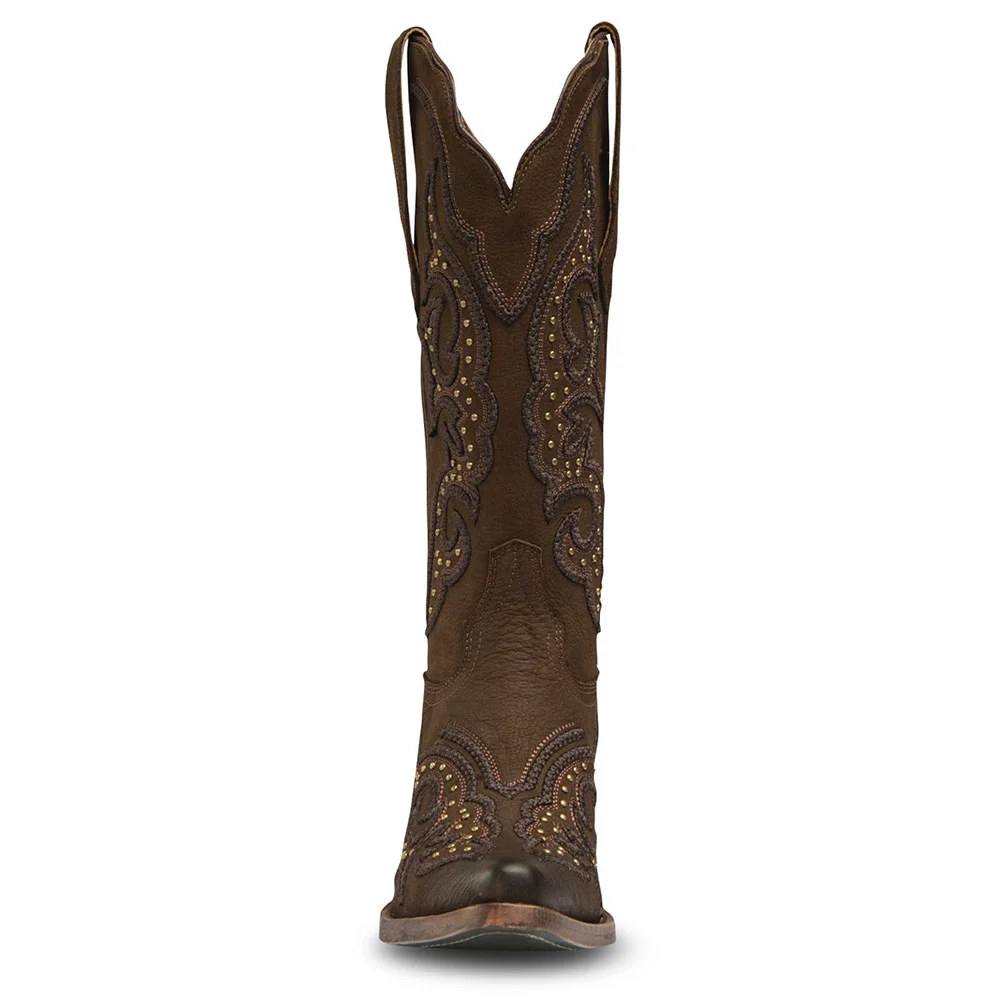 Brown Vegan Leather Chunky Heel Studded Cowgirl Boots with Embroidery