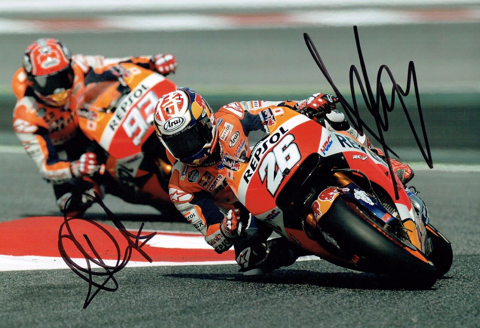 Marc MARQUEZ & Dani PEDROSA 2017 SIGNED 12x8 Autograph Photo Poster painting AFTAL COA MOTOGP