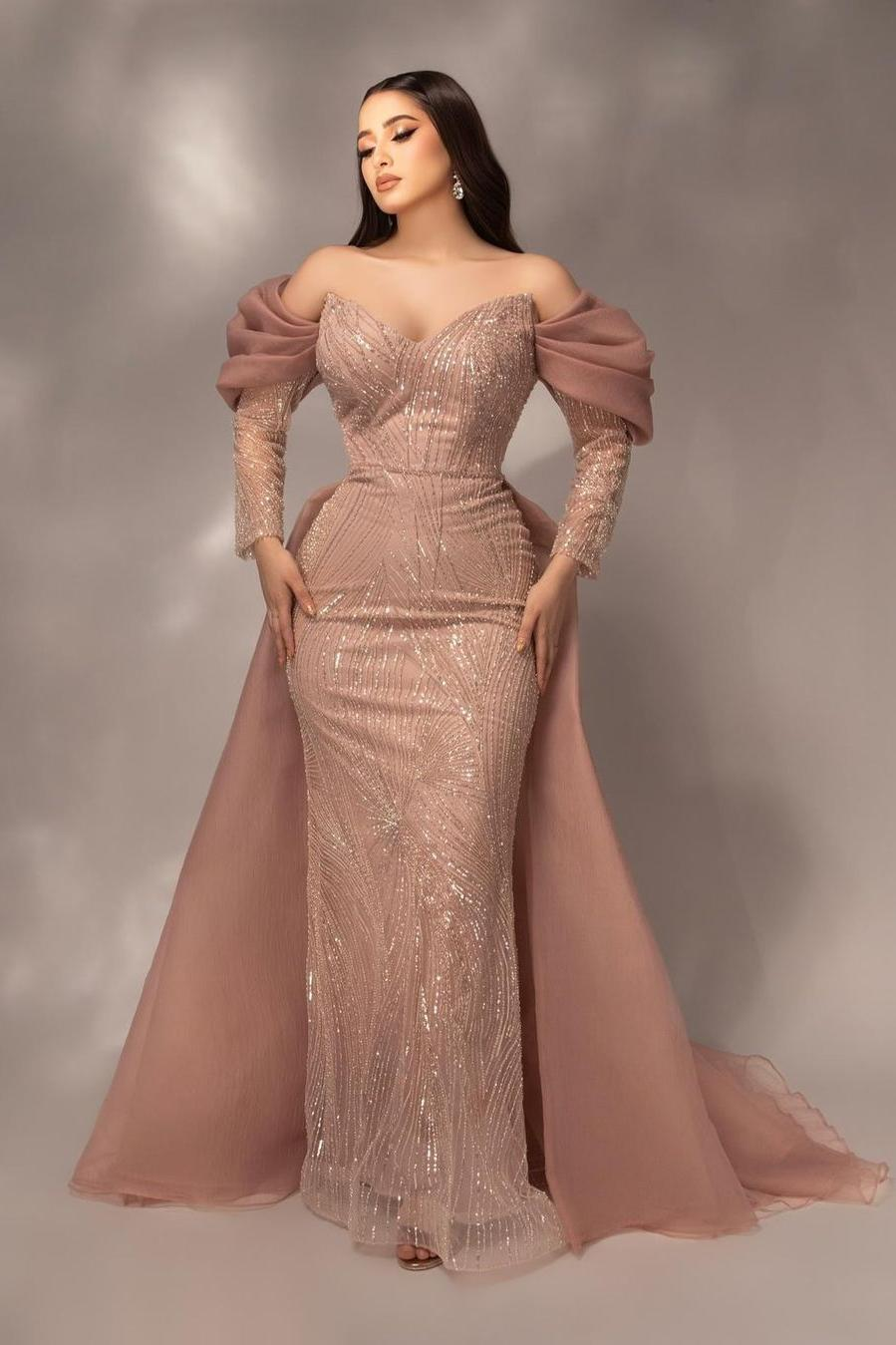 Daisda Glamorous Sequins Off the Shoulder Long Sleeves Mermaid Prom Dress with Pleated