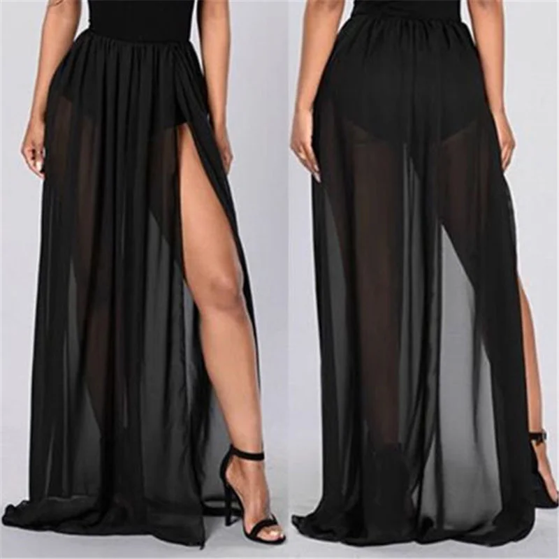 Brownm Women High Waist Mesh Skirts Empire See Through Sheer Side Split Skirt Solid Transparent Chiffon Maxi Long Skirt Summer 2023