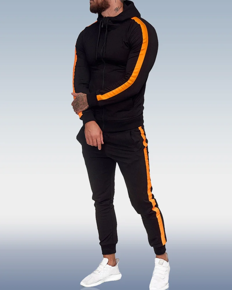 Men's Black Orange Striped Casual Sports Two Piece Set