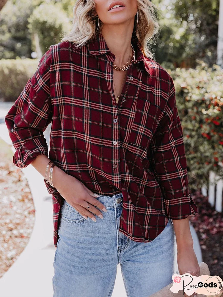 Shawl Collar Plaid Buttoned Blouse