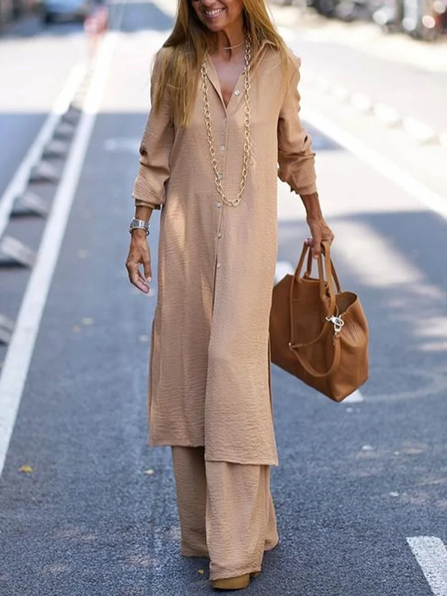 Long Type Cardigan Top And Wide Leg Trousers Set
