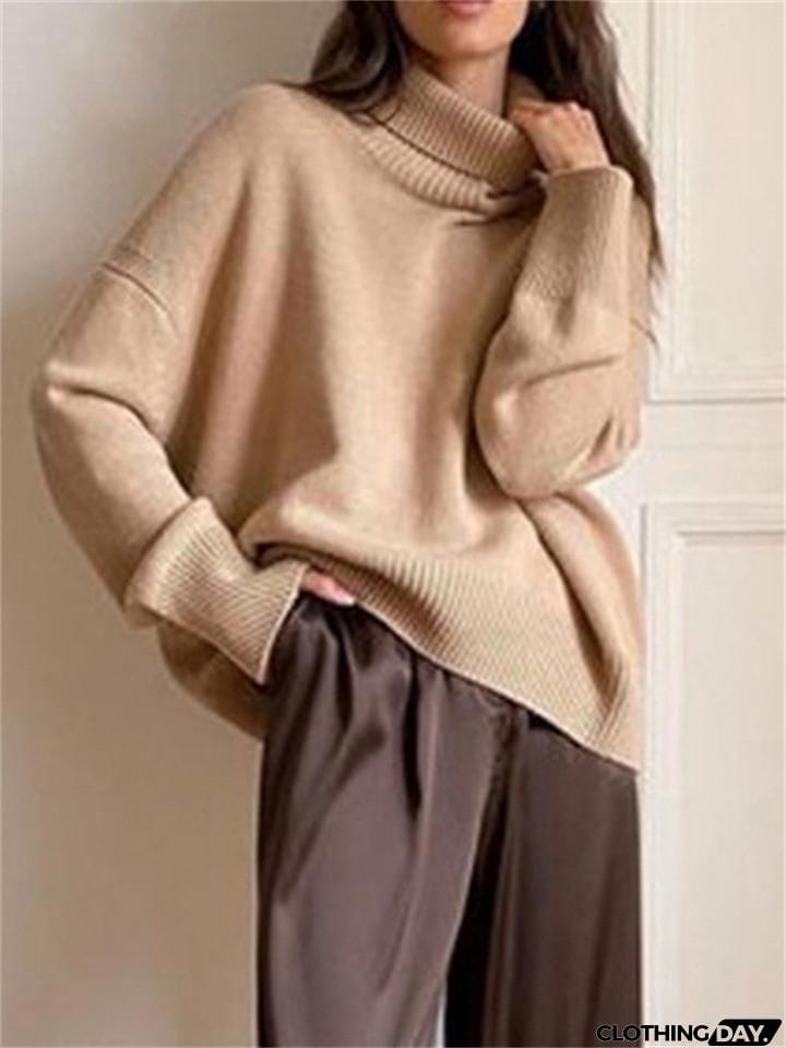 Casual Loose Turtleneck Knitted Solid Color Sweaters For Women