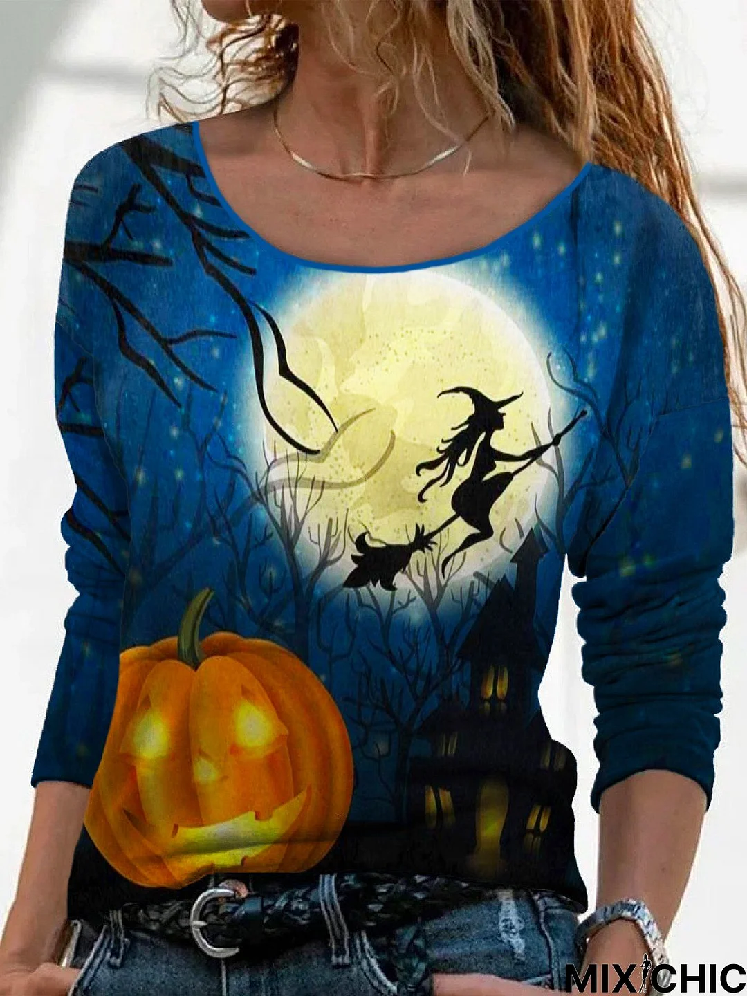 Halloween Pumpkin Long Sleeve Crew Neck Casual T-shirt