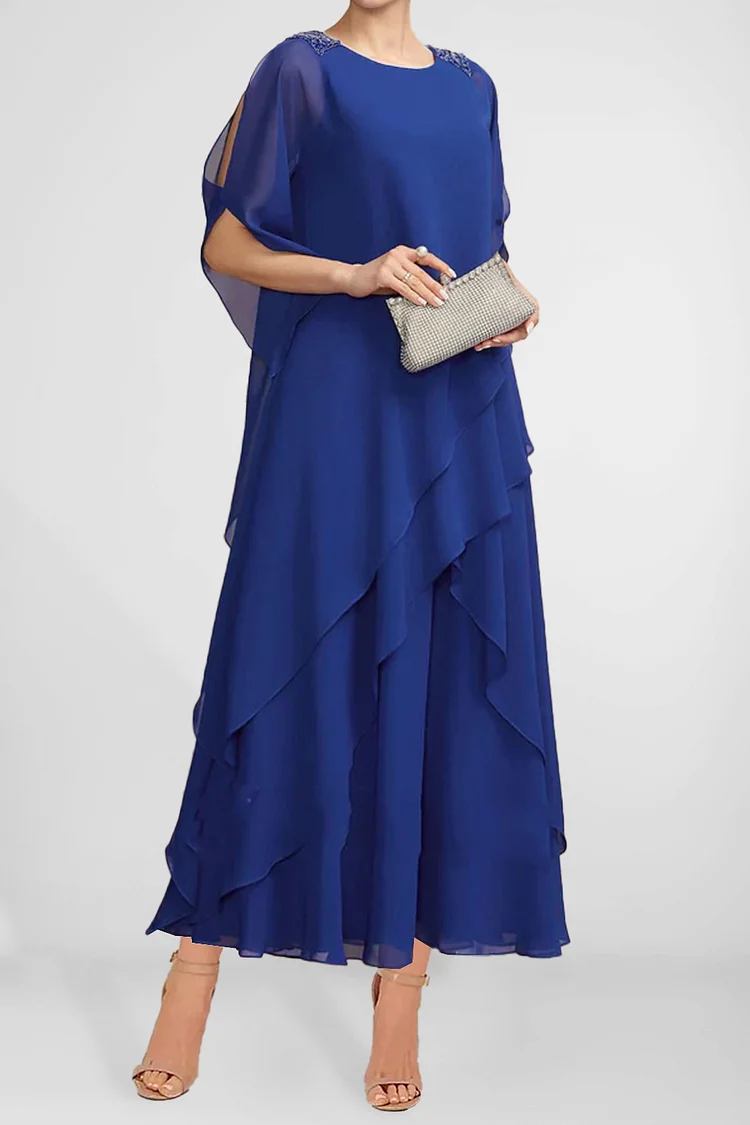 Flycurvy Plus Size Semi Formal Royal Blue Chiffon Layered Asymmetric Hem Tea-Length Dress  Flycurvy [product_label]