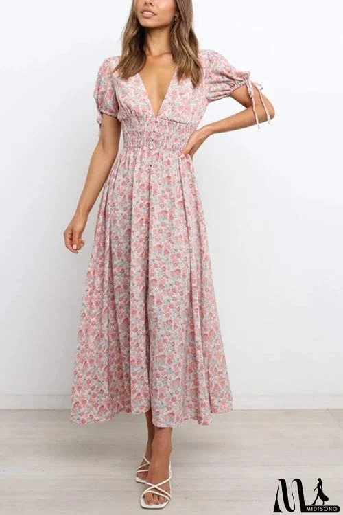 Shirred Waist V Neck Maxi Dress