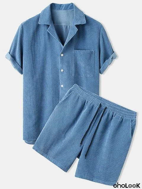 Corduroy Short Sleeve Shirts +Shorts Sets