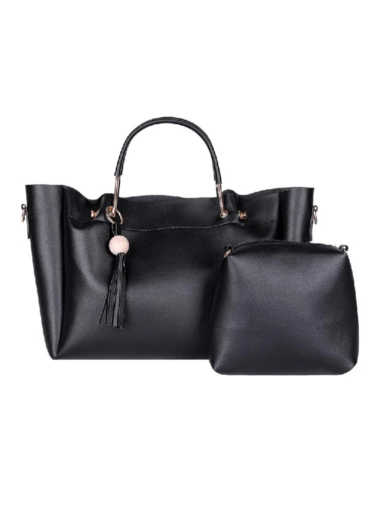 2pcs/set Solid Color Shoulder Handbags Women Leather Crossbody Bags (Black)
