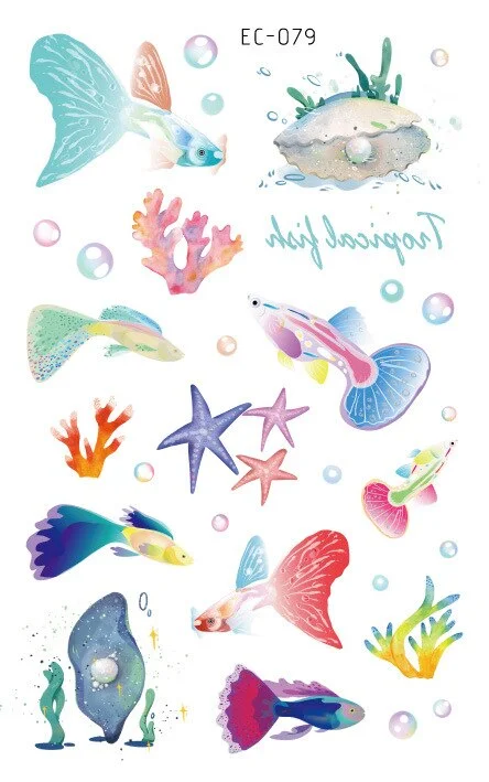 24 kinds Temporary Tattoo Stickers for Kids Cute Cartoon Tropical Fish Marine faux tatouage temporaire Disposable Children Gift