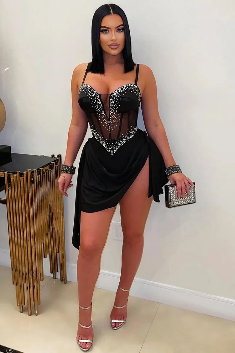 Rhinestone Decor Mesh Corset Ruched Slit Hem Party Slip Mini Dresses-Black
