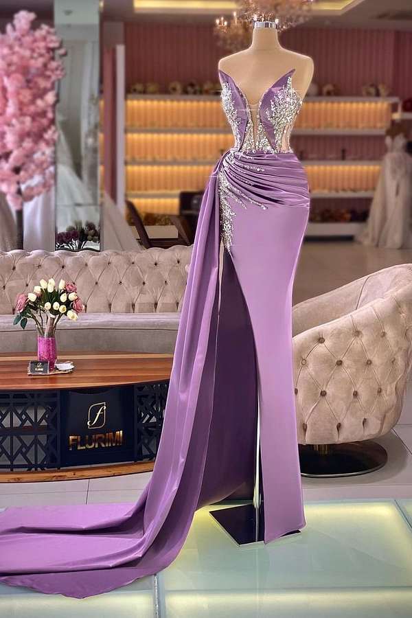 Daisda Lialac Elegant Beaded Strapless Sleeveless V-neck Evening Dress with Split Ball Gown