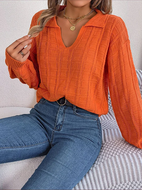 Long Sleeves Loose Solid Color Lapel Pullovers Sweater Tops