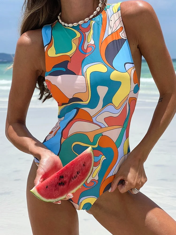 Peachtan Leaf Print Monokini Zipper One Piece Swimsuit Women High Neck Swimwear Female Vintage Bodysuit Bathing Suit 2022 new