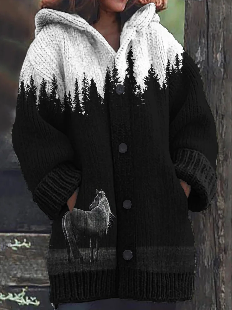 Horse Dark Forest Silhouette Contrast Cozy Knit Hooded Cardigan