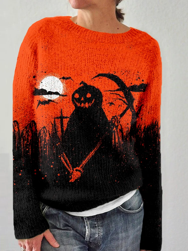 Vintage Halloween Pumpkin Ghost Art Cozy Sweater