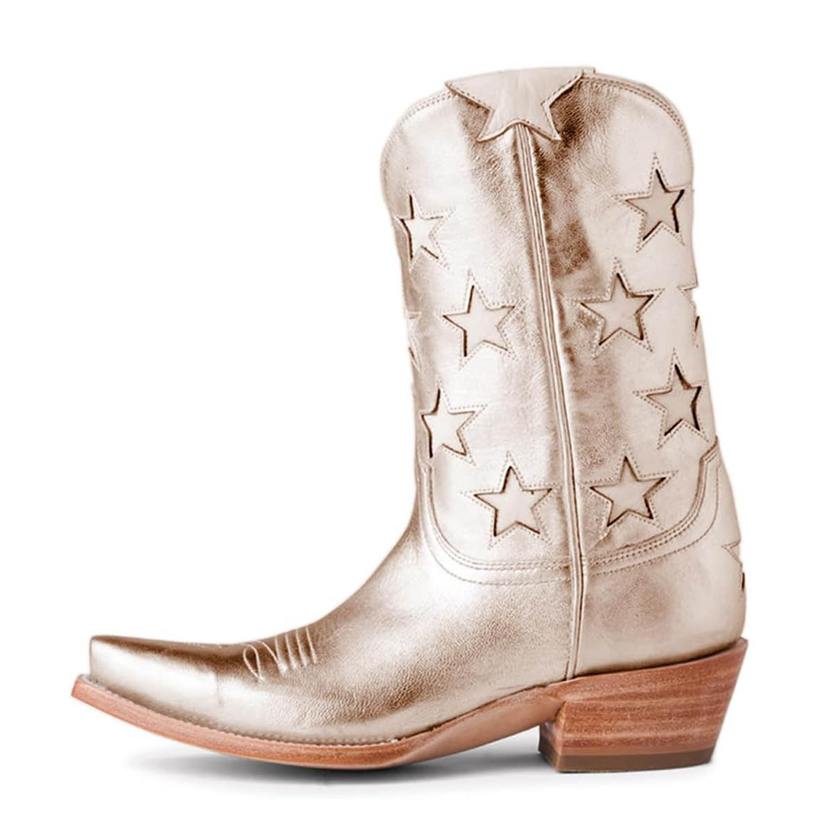 Gold Metallic Slip Toe Chunky Heel Star Inlay Mid-Calf Cowgirl Boots Nicepairs