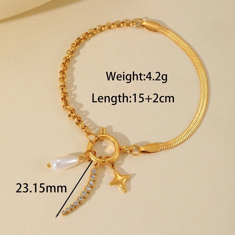 Casual Elegant Cute Cross Heart Shape Flower 304 Stainless Steel 18K Gold Plated Imitation Pearl Zircon Cable Chain Snake Chain Bracelets In Bulk