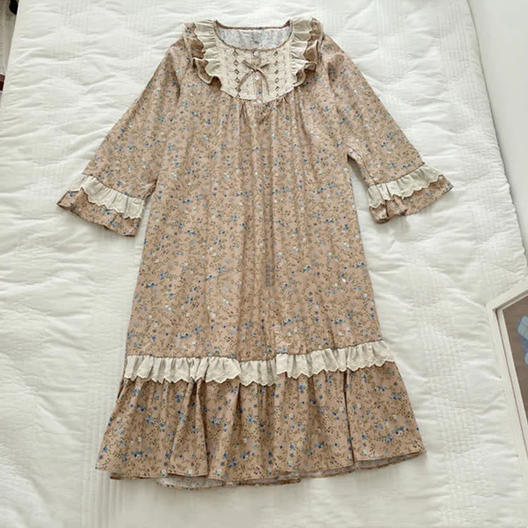 Floral Print Lace Round Collar Long Sleeve Pajamas Set - Modakawa modakawa