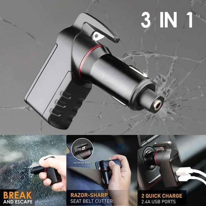 緊急脱出ツール: 救命ツール付き充電器， 窓ガラス割る用パンチ， シートベルトカッター， 2.4A USBポート２個付き